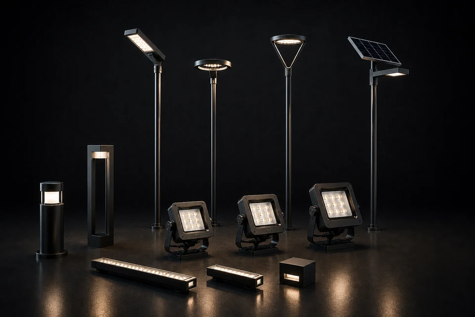Family of Artyan outdoor luminaires with pole lights, solar light, bollard, floodlights and linear path lights rendered on black