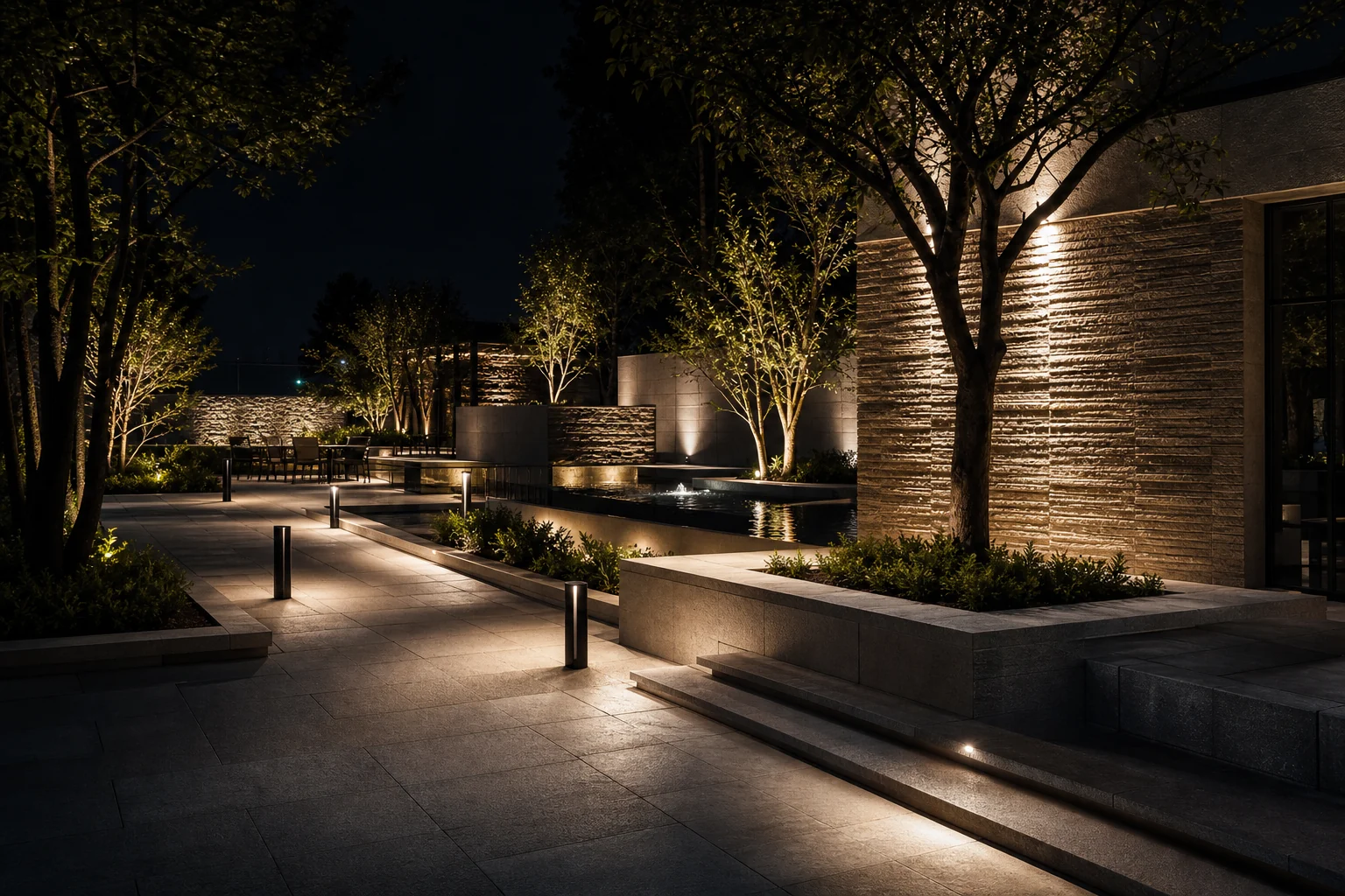 Outdoor architectural lighting in a refined stone plaza with bollards, wall grazing, uplights, trees and water reflections