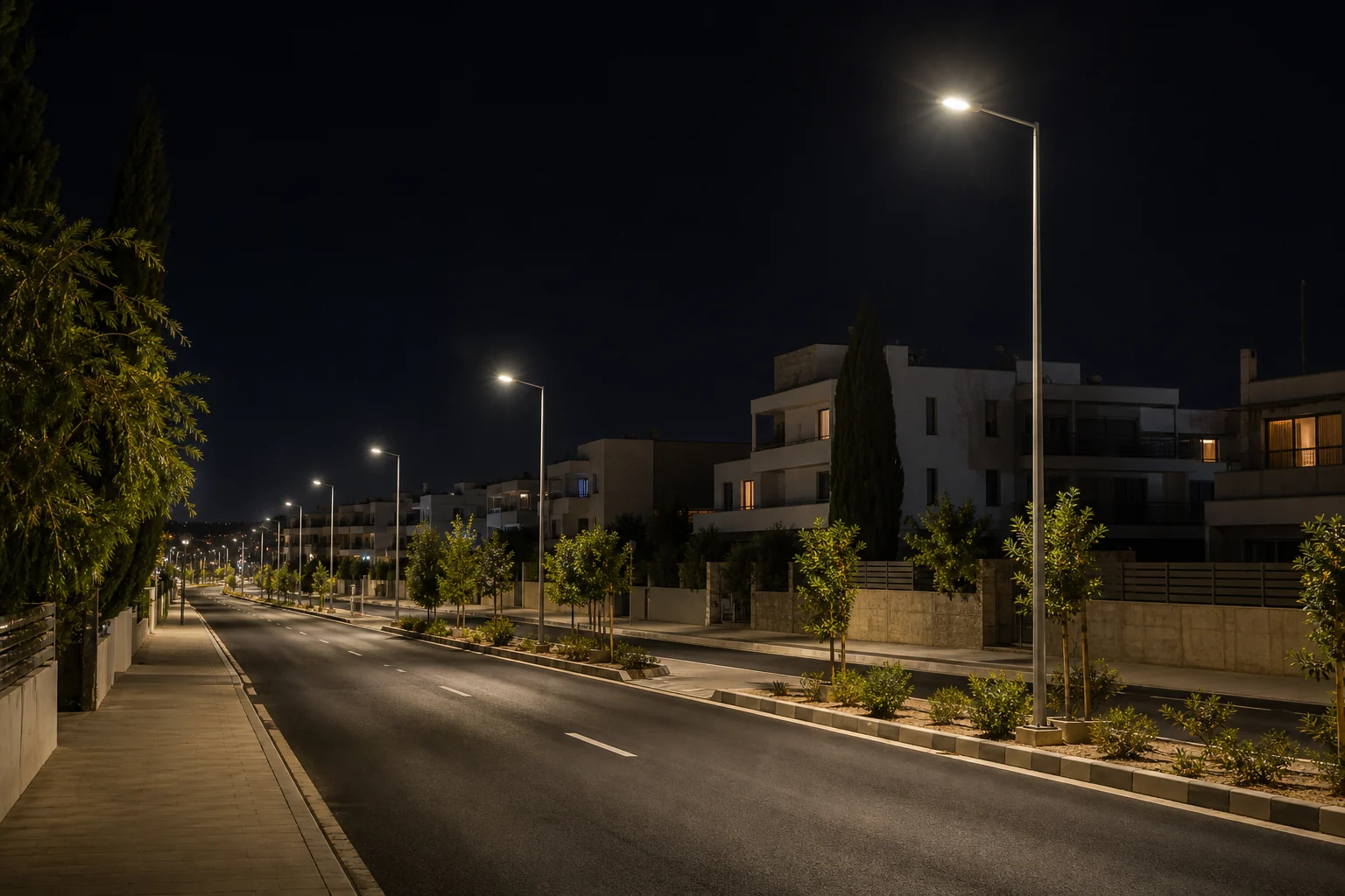 Night view of a quiet urban boulevard with modern LED streetlights, planted medians and low-rise residential buildings